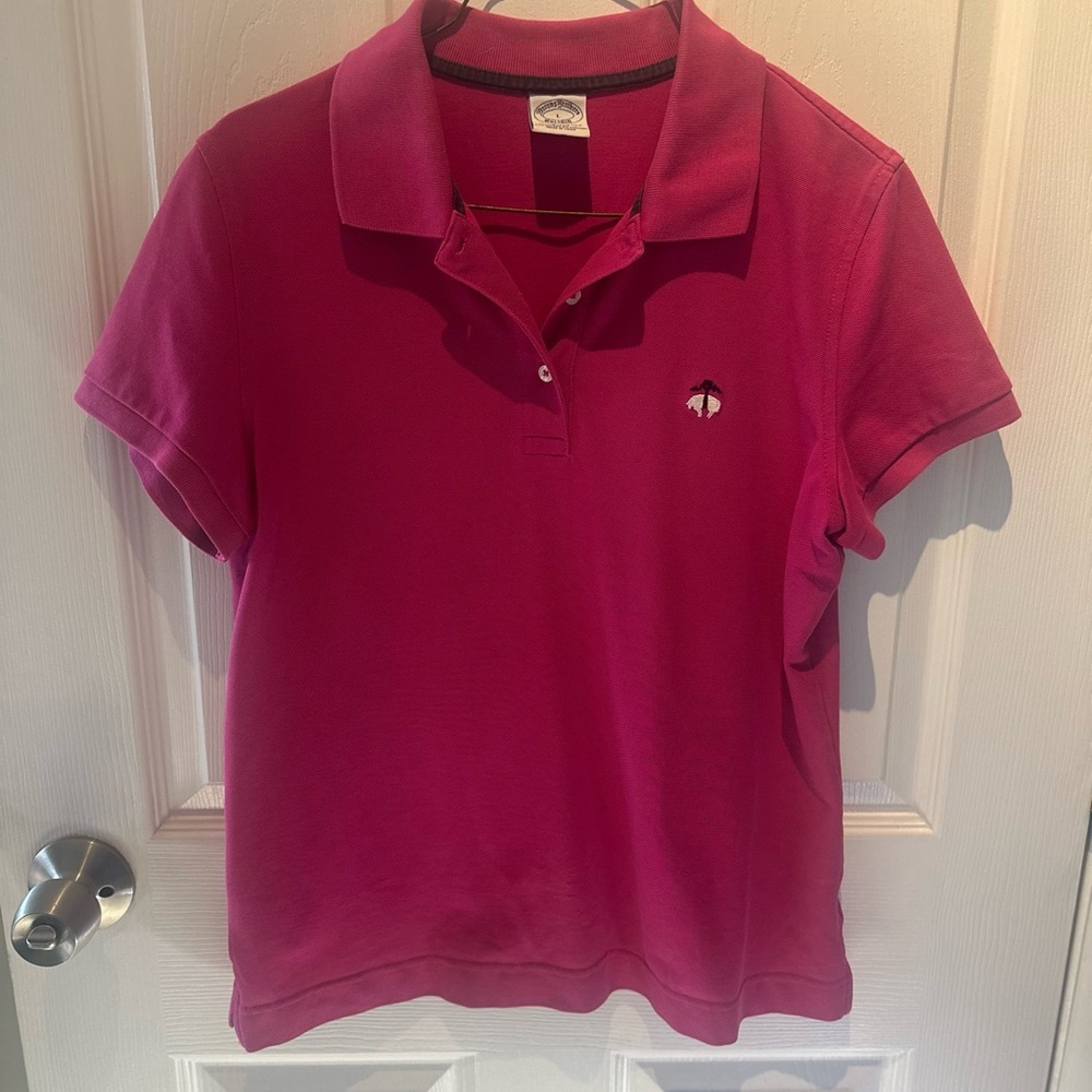 Brooks Brothers Shirt Womens LG 1818 Pink Polo Short Sleeve Collared Solid Logo